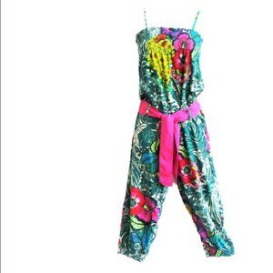 Desigual Jumpsuit Tropical Floral Smocked Hot Pink Sash Joggers Spaghetti Straps